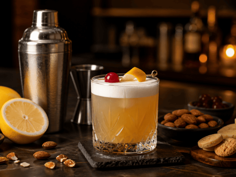 Amaretto Sour en vaso bajo con limon, almendras y pequenos aperitivos