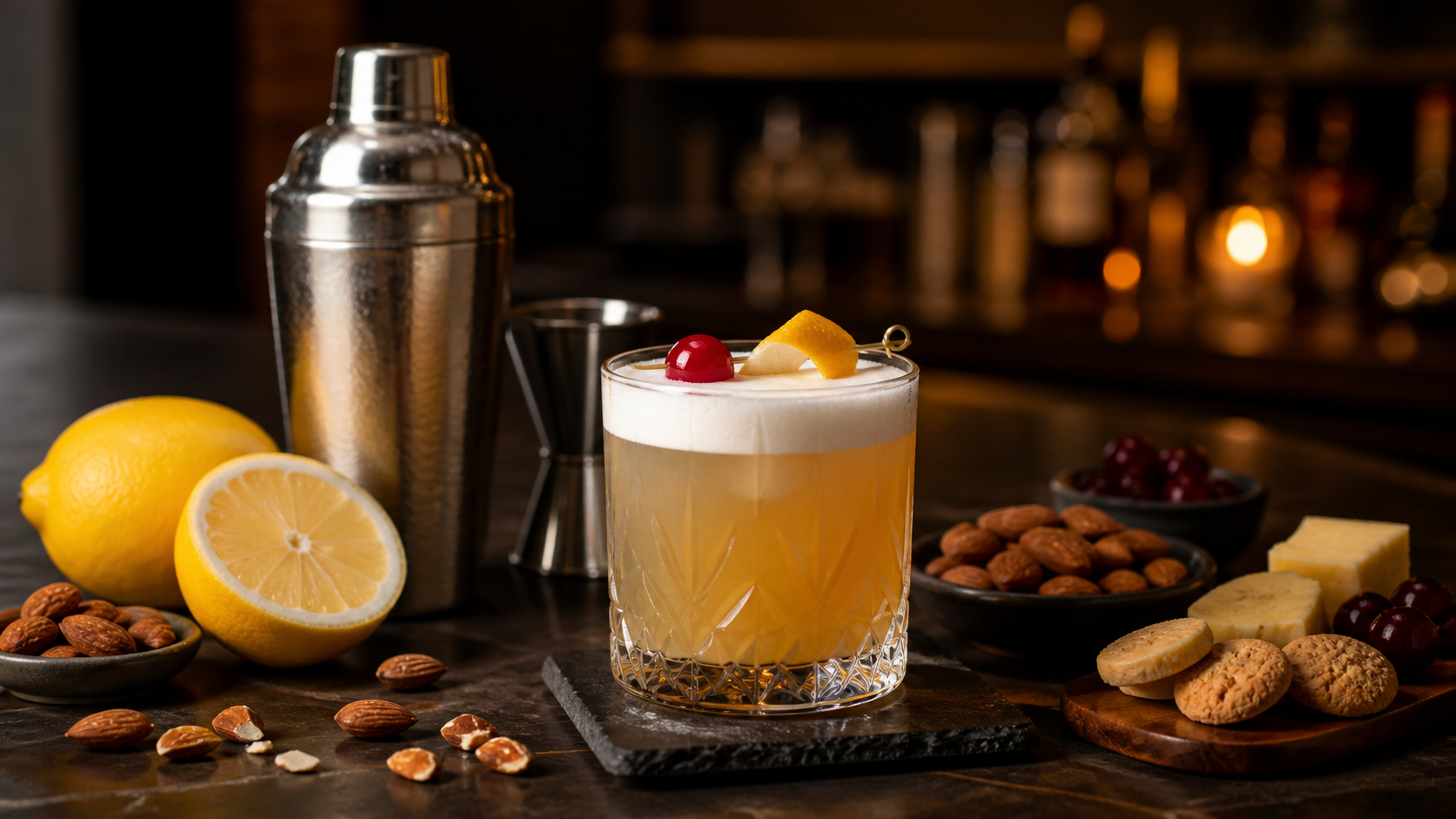 Amaretto Sour en vaso bajo con limon, almendras y pequenos aperitivos
