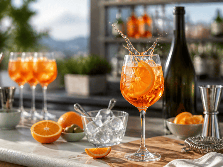 Coctel Aperol Spritz naranja en copa con hielo, soda y utensilios de bar