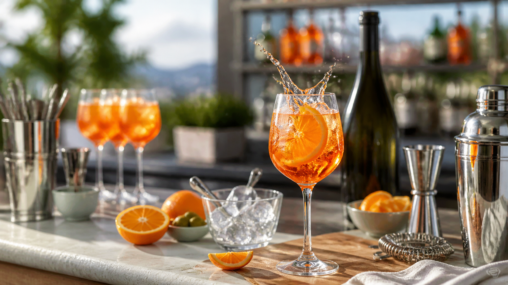 Coctel Aperol Spritz naranja en copa con hielo, soda y utensilios de bar