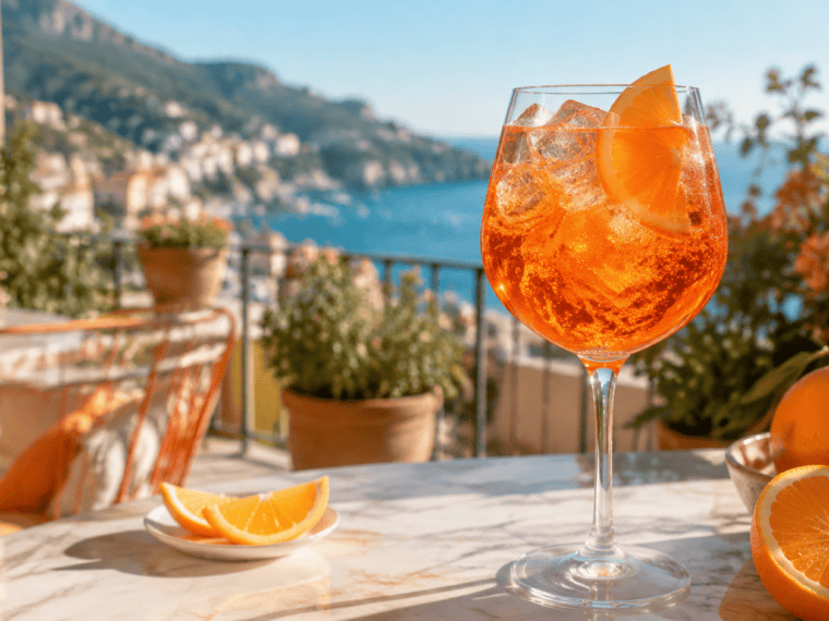 Aperol Spritz naranja con hielo y rodaja de naranja en una terraza luminosa