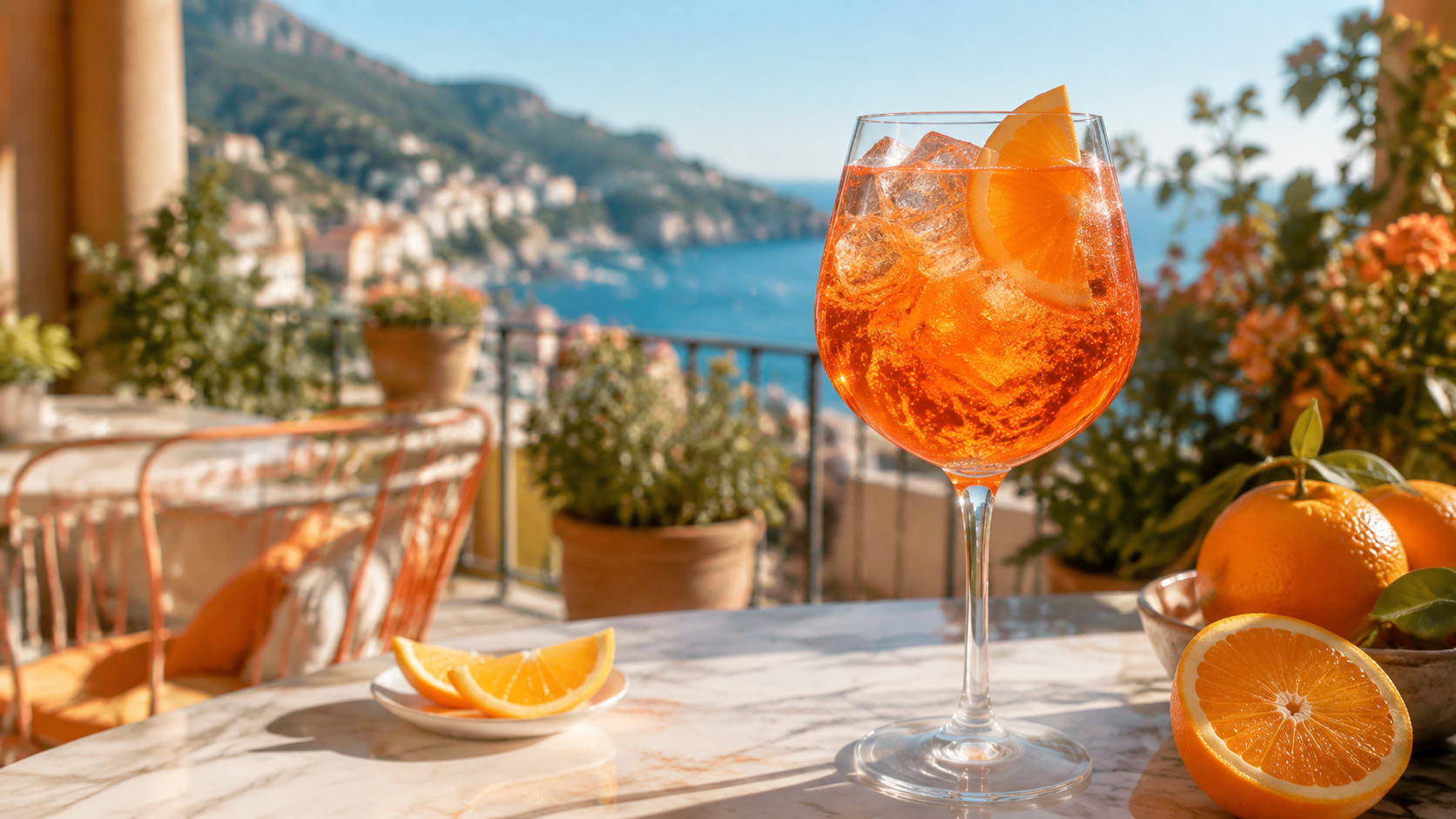 Aperol Spritz naranja con hielo y rodaja de naranja en una terraza luminosa