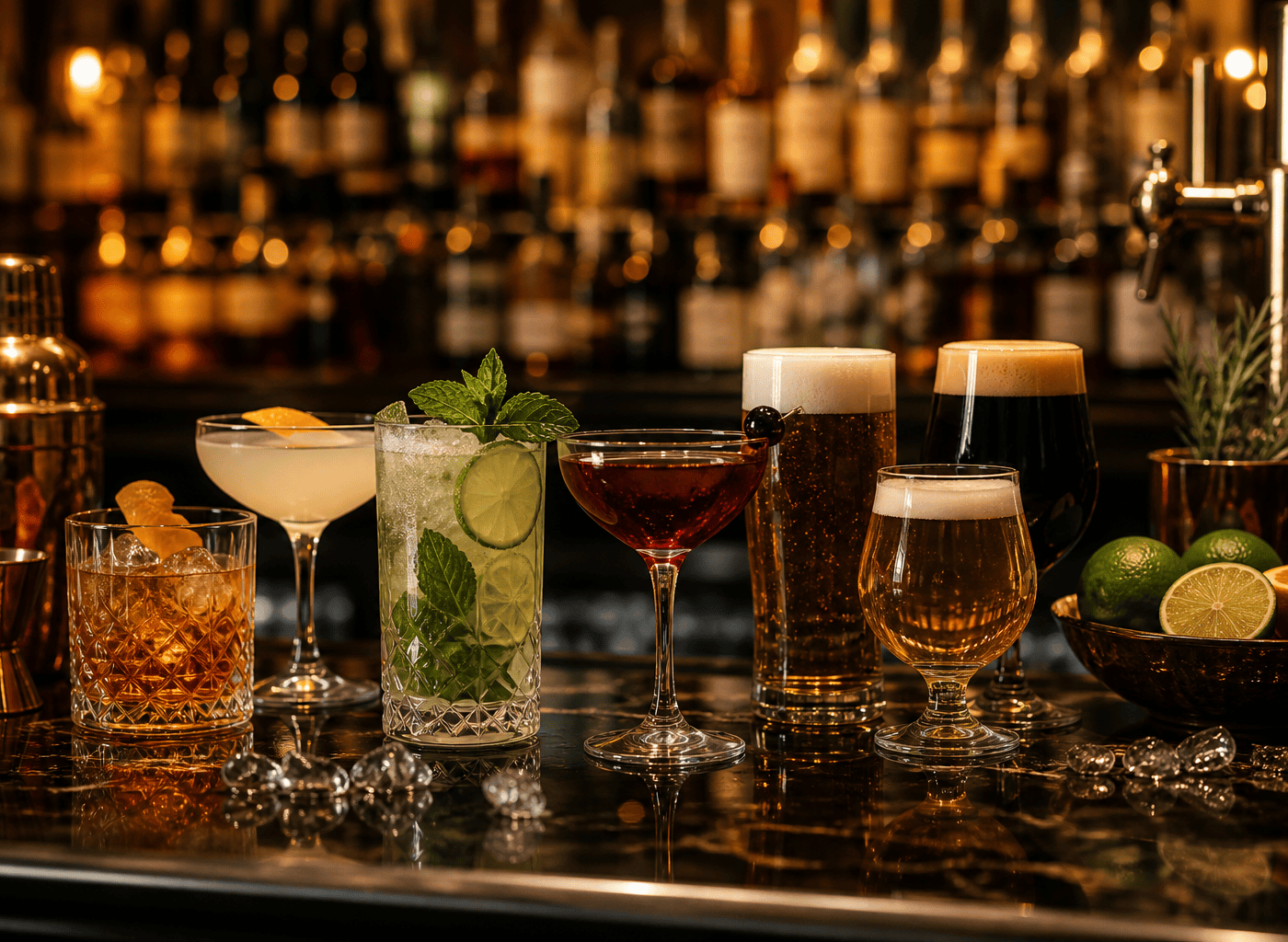 Selección de cocktails y cervezas premium sobre una barra iluminada