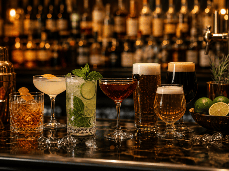 Selección de cocktails y cervezas premium sobre una barra iluminada
