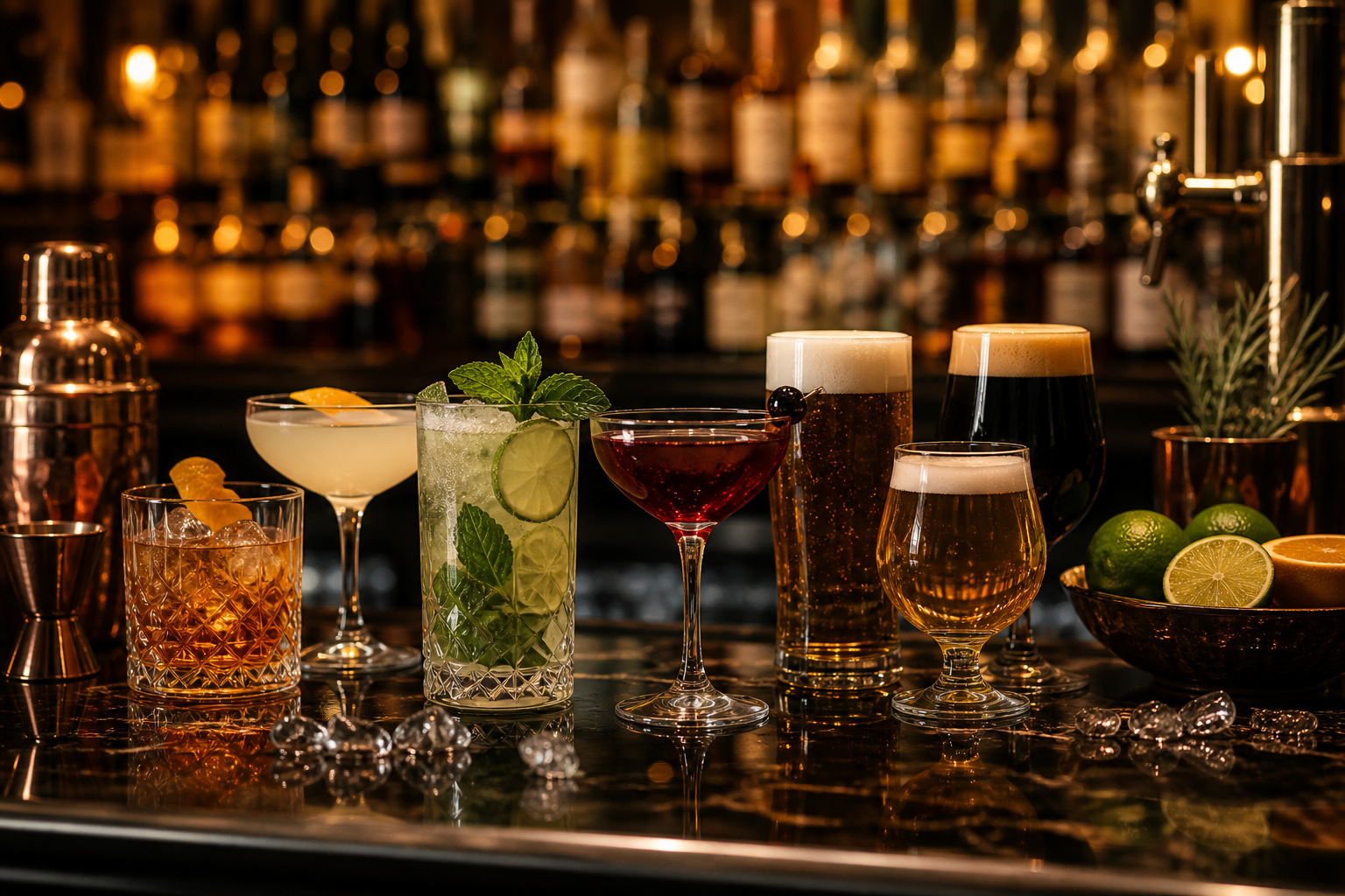 Selección de cocktails y cervezas premium sobre una barra iluminada