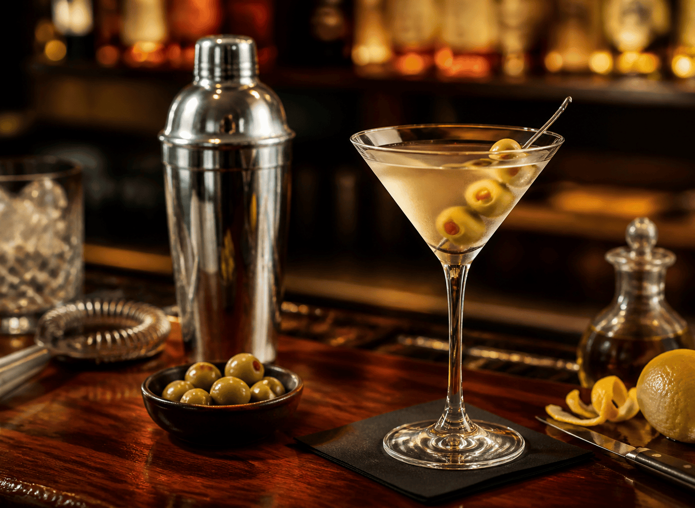 Copa de Martini con aceitunas en una barra de coctelería premium