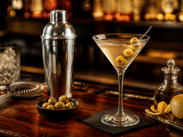 Copa de Martini con aceitunas en una barra de coctelería premium