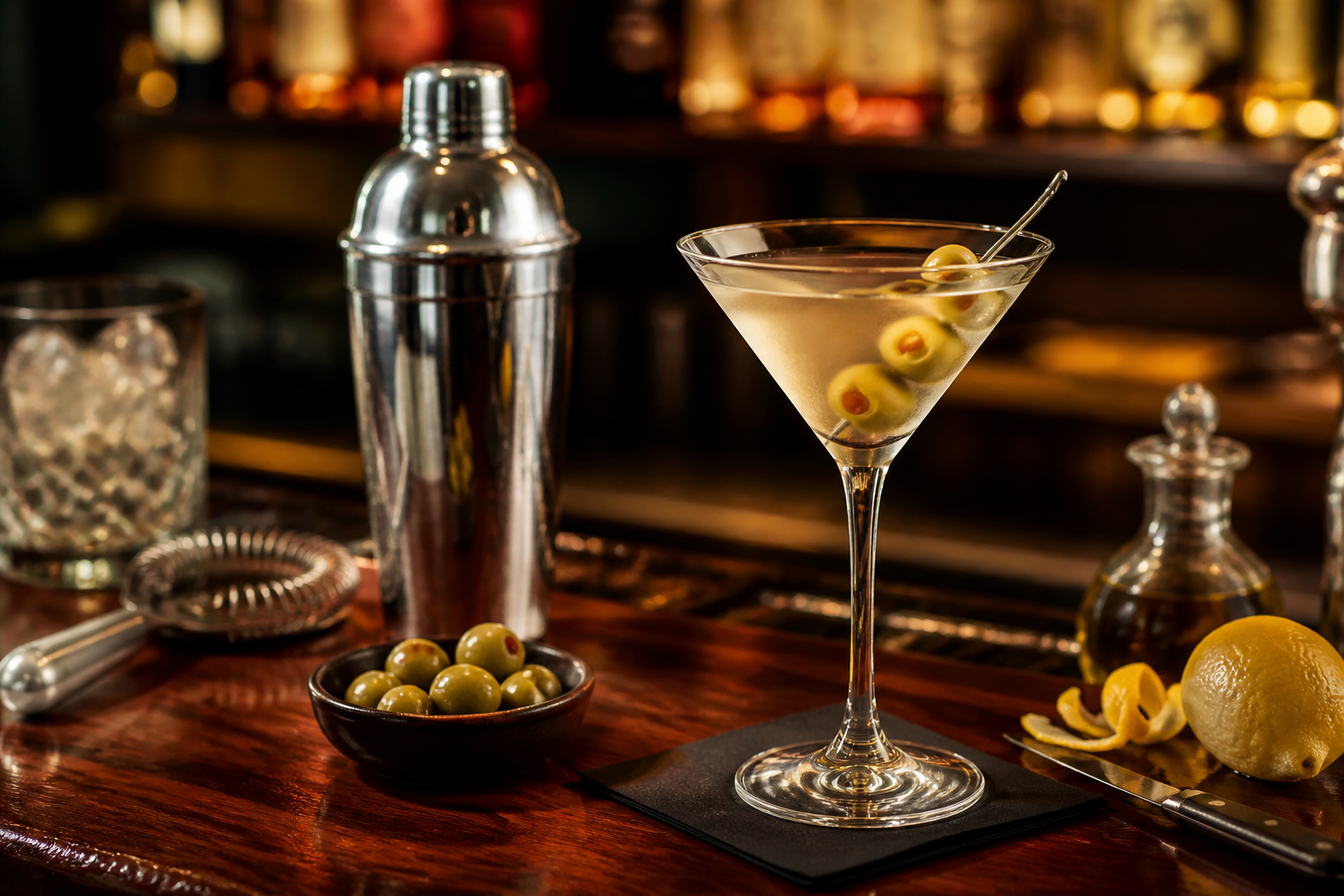 Copa de Martini con aceitunas en una barra de coctelería premium