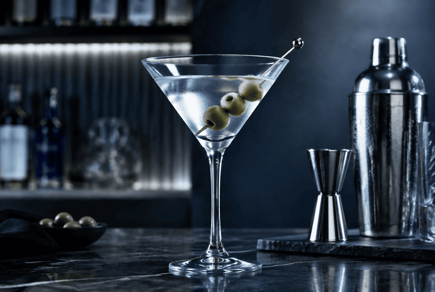 Cocktail Martini con aceitunas y herramientas de barra en ambiente premium y frio
