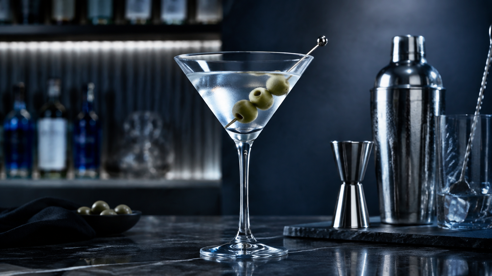 Cocktail Martini con aceitunas y herramientas de barra en ambiente premium y frio