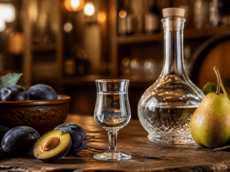 Copa pequena de palinca rumana junto a ciruelas y peras sobre una barra de madera