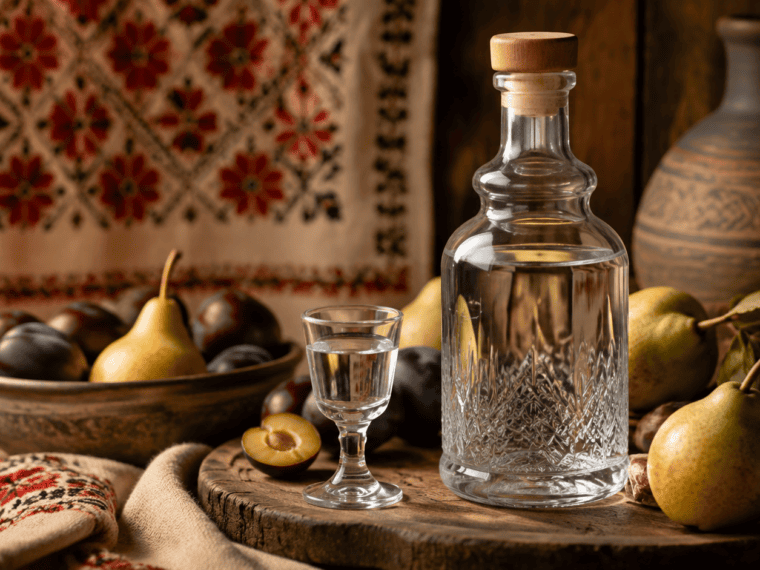 Botella de palinca rumana con frutas de temporada y vaso de cata sobre una mesa rustica