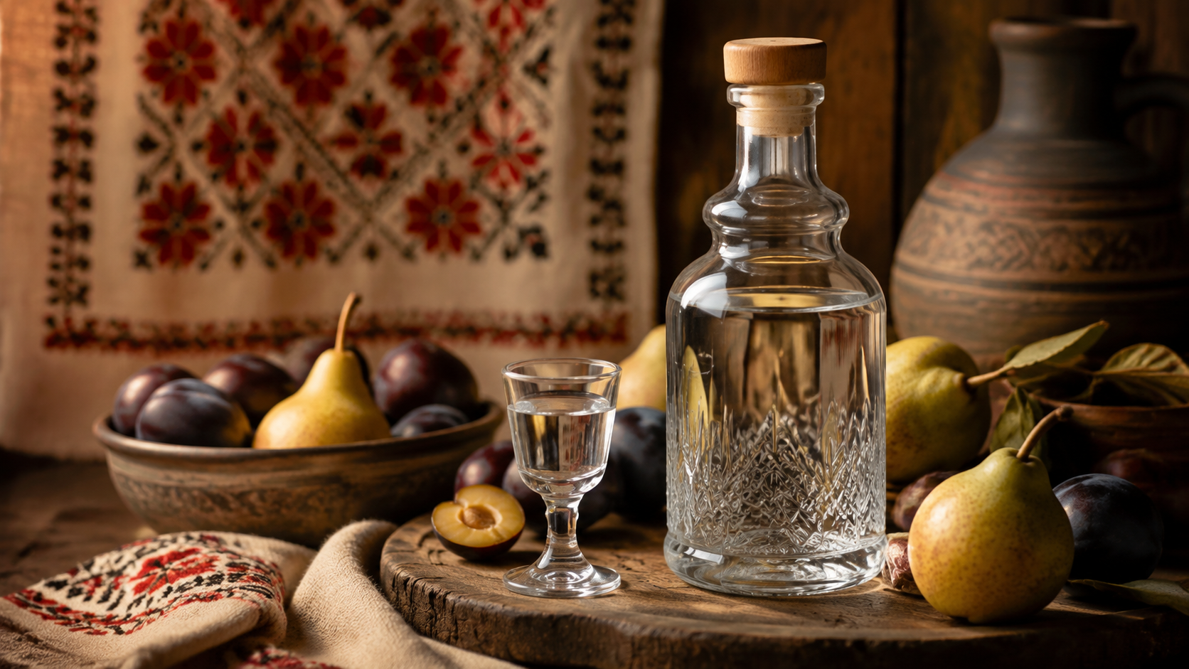 Botella de palinca rumana con frutas de temporada y vaso de cata sobre una mesa rustica