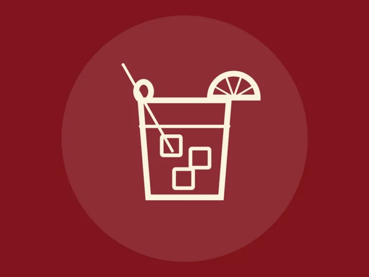 Ilustración de un vaso de vermut rojo con hielo, rodaja de naranja y aceituna en un palillo