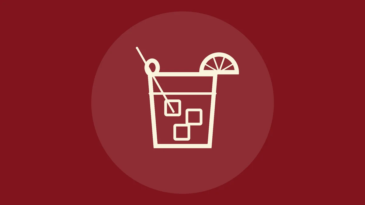 Ilustración de un vaso de vermut rojo con hielo, rodaja de naranja y aceituna en un palillo